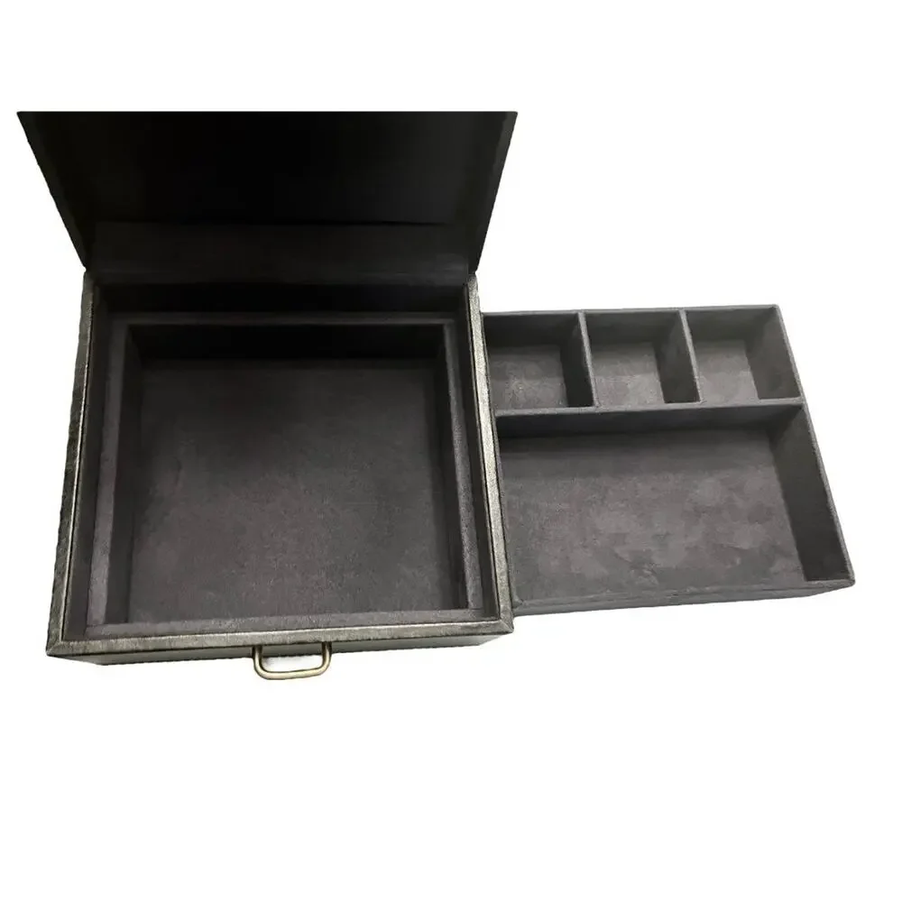 PB Black LEATHER JEWELRY BOX + TRAY Mens Ladies 8” Square Dresser Organizer